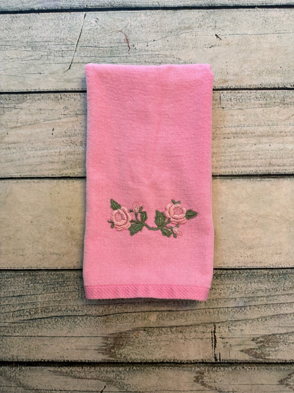 Vintage Martex pink embroidered floral hand towel. (Light fading)